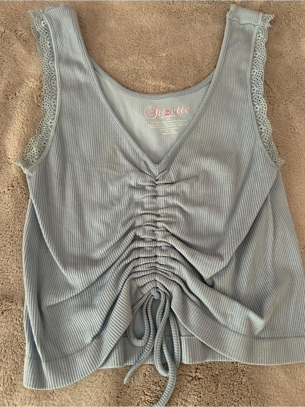 Suzette Light Blue Ribbed Drawstring Tank with Lace Trim